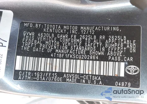 2012 Toyota Camry Se from USA, damaged, VIN 4T1BF1FK5CU202864
